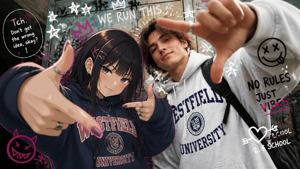 An anime-drawn girl and a photographed boy in matching university hoodies, both pointing at the camera
