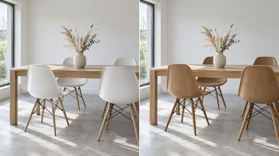 The same dining room twice — white chairs on the left, oak chairs on the right, with the camera angle, daylight and floor shadows unchanged