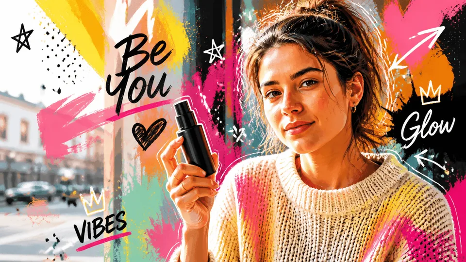 Woman holding a skincare bottle on a street, overlaid with hand-drawn "Be You" and "Glow" lettering and bright paint strokes