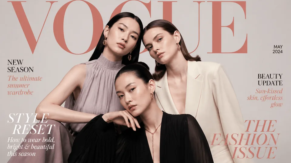 Three models posed together on a fashion magazine cover with clean editorial typography
