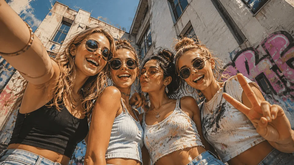 Four friends in sunglasses taking a low-angle group selfie against a graffitied wall in hard sunlight