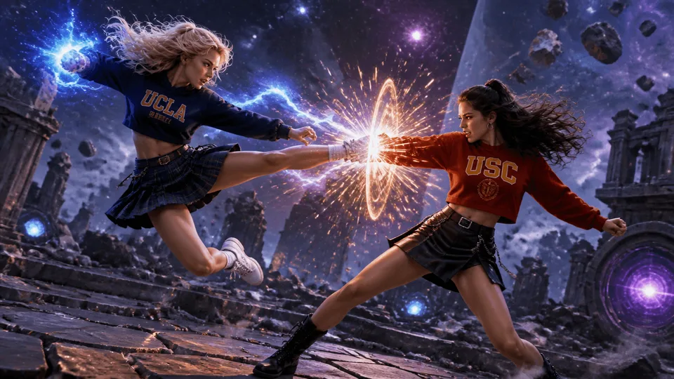 Two women in college sweatshirts mid-fight in a cosmic ruin, energy bursting where their strikes meet