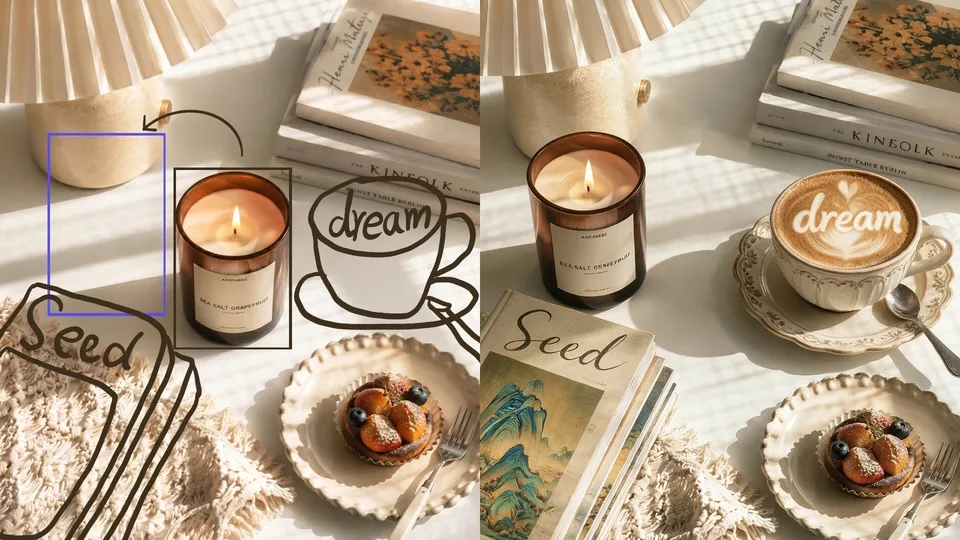 Side-by-side of a candle-and-coffee flat lay: sketched annotations on the left, the finished retouched scene on the right