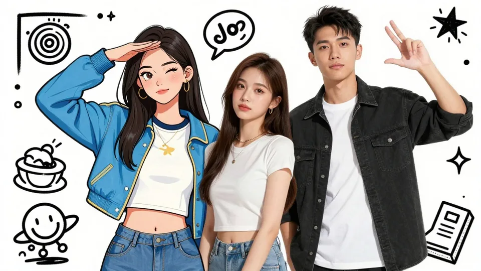 An illustrated character standing beside two photorealistic people, with hand-drawn doodles on white