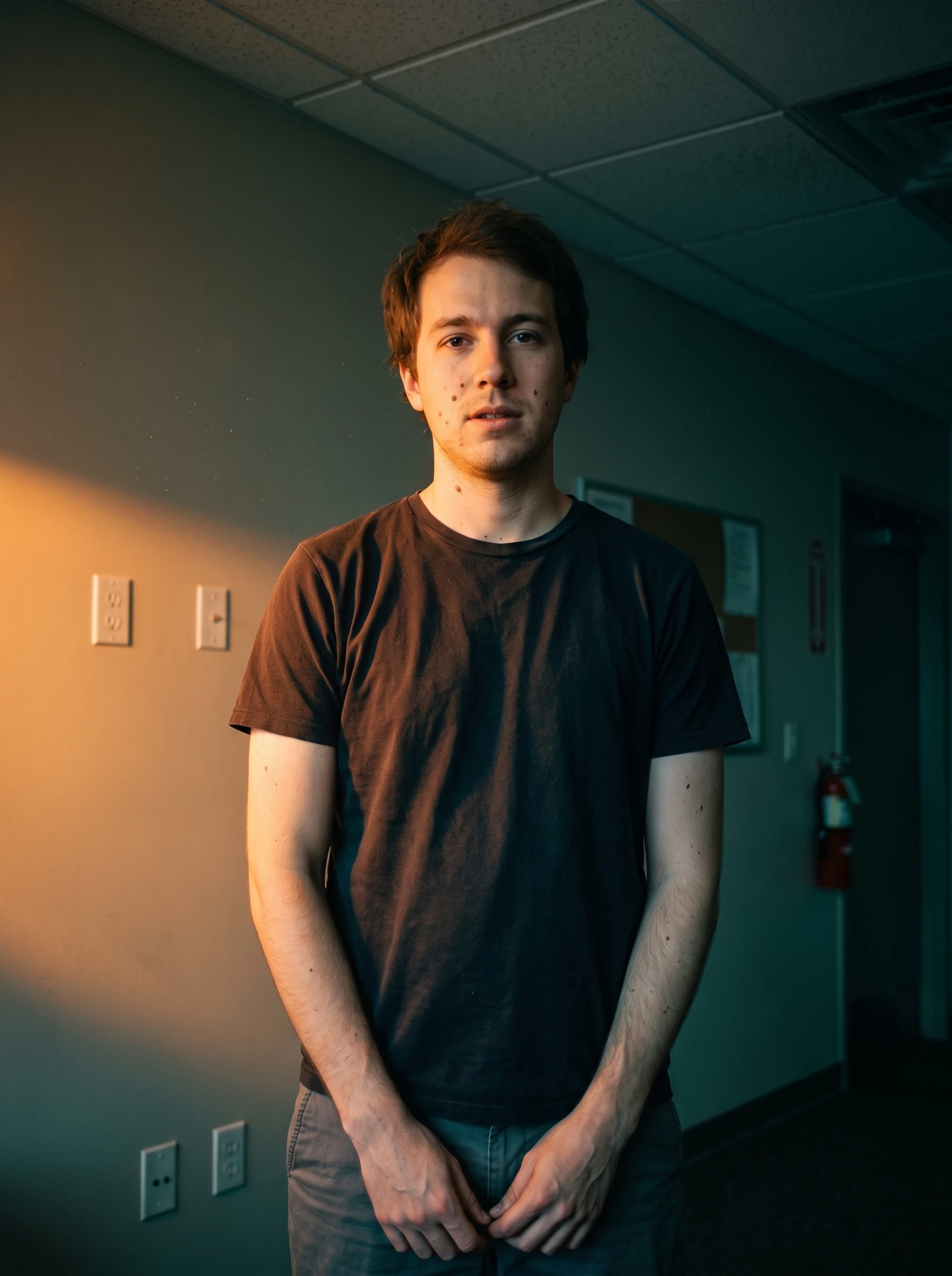The same man relit with a low key light from the left, deep teal shadows and warm highlights on the skin