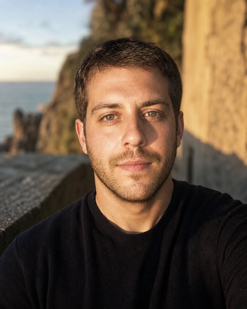 The same man in warm golden-hour light outdoors, skin texture and stubble preserved