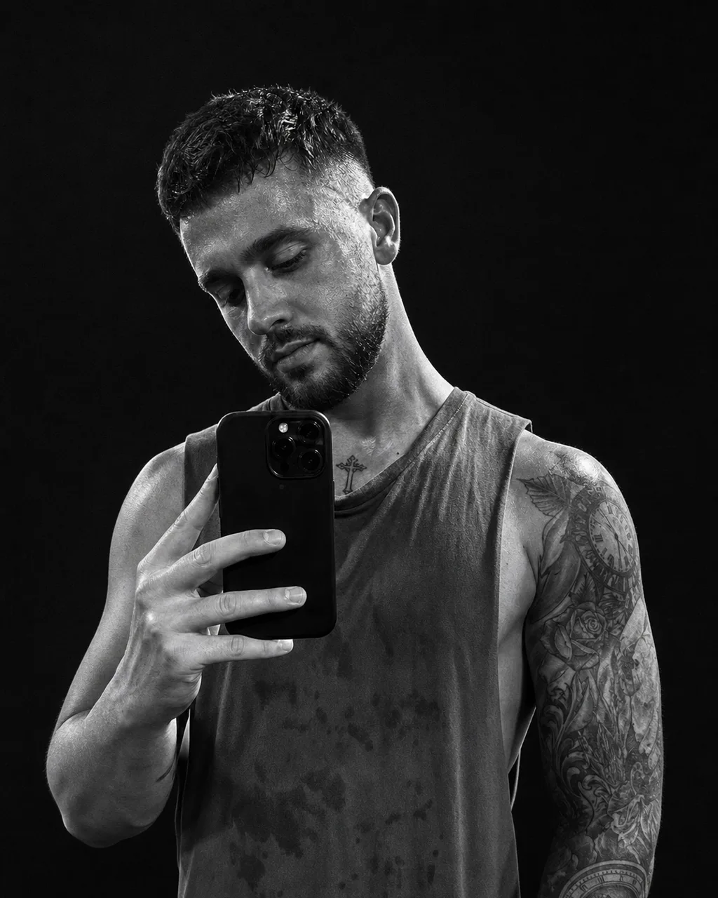 The same man in high-contrast black and white with dramatic side light, tattoos and build unchanged