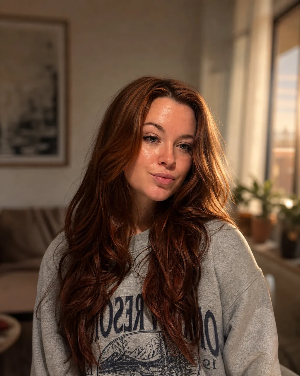 The same woman in soft window light with the phone and bathroom removed, freckles and hair unchanged