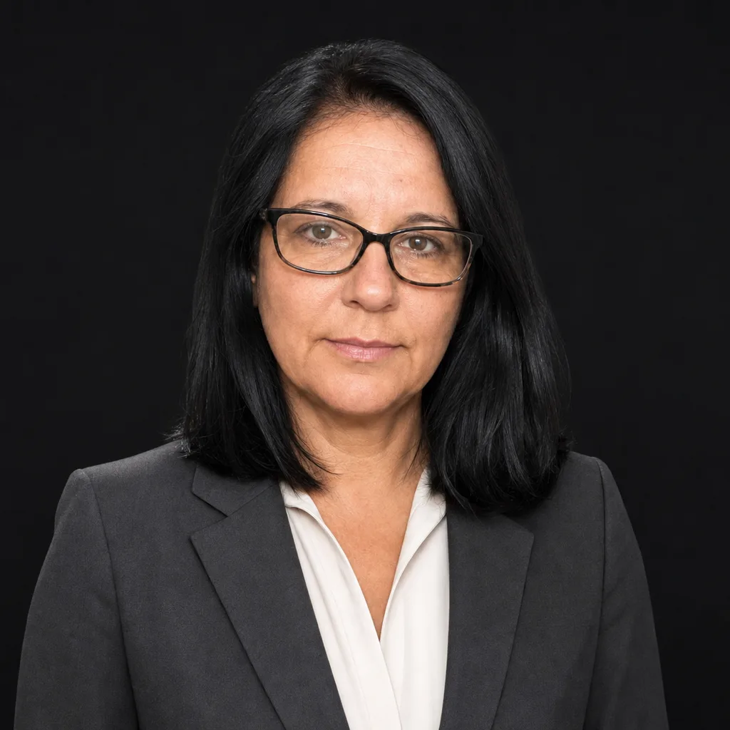 LinkedIn headshot of the same woman in a charcoal blazer on a near-black studio background