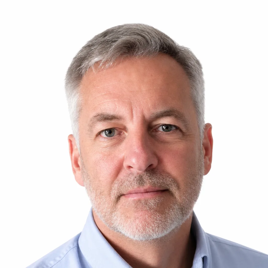 LinkedIn headshot of the same man in the same light blue shirt on a plain background with even studio lighting