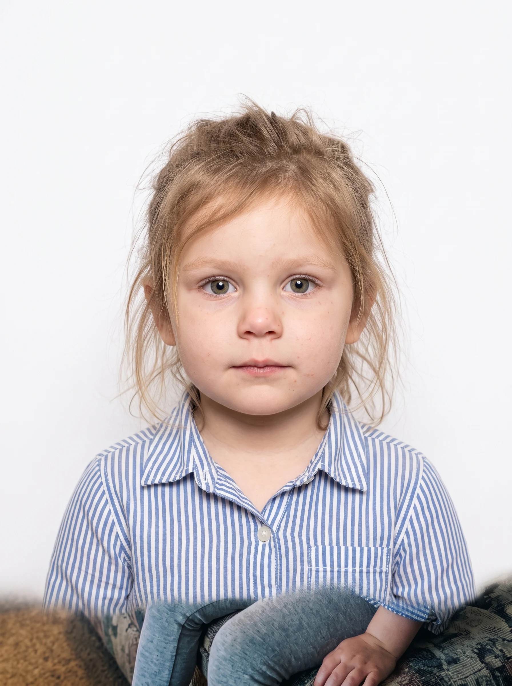 The same child as a compliant passport photo on a plain white background, facing the camera