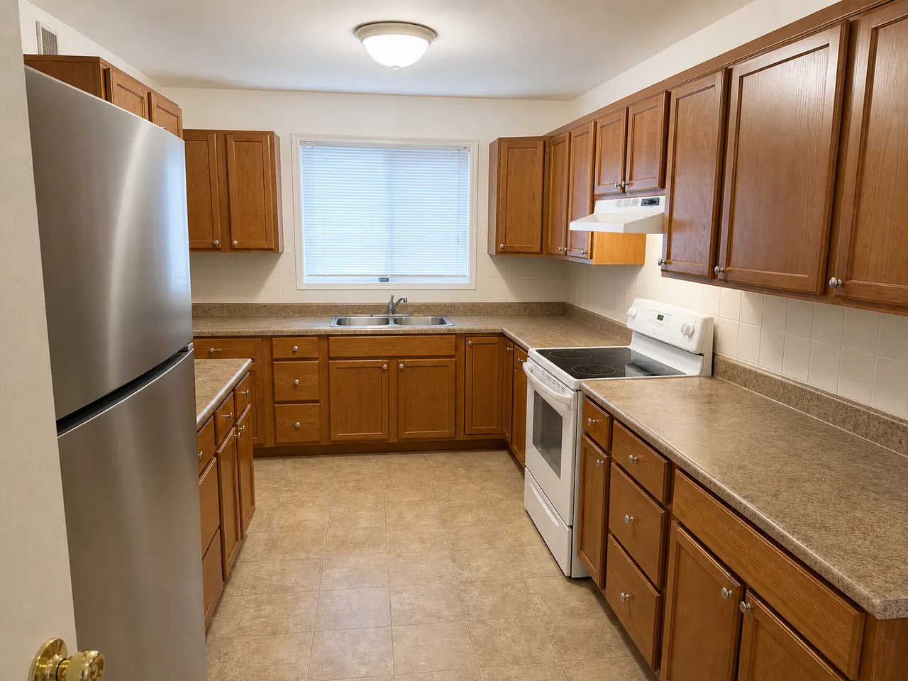 The same kitchen with clear countertops and a clean fridge door, cabinets and layout unchanged