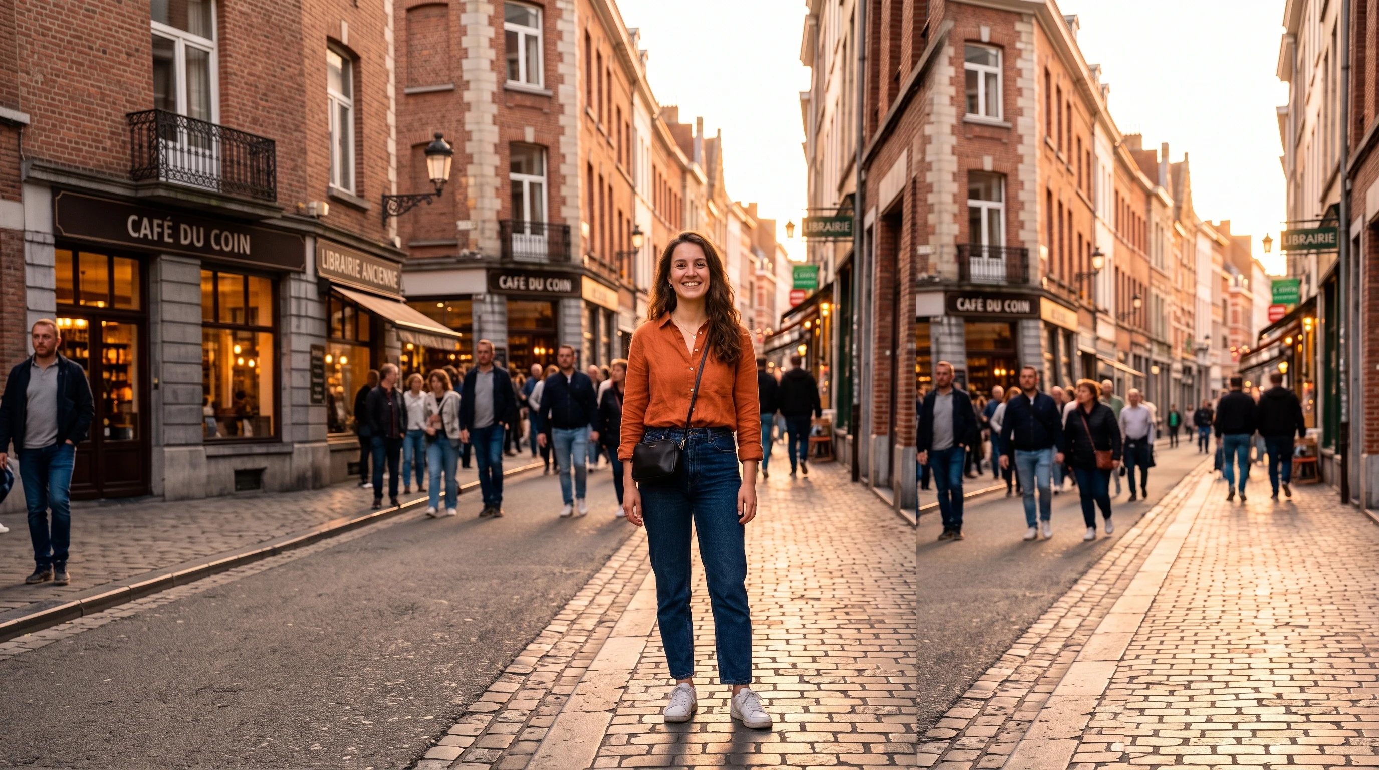The same photo expanded to a 16:9 frame, with the street, shopfronts and crowd generated to her left and right