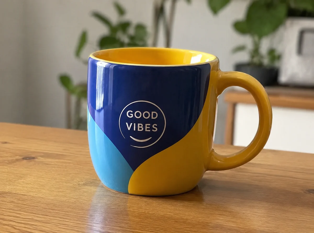 Real product photo after the AI to real conversion — same mug on a real wooden table