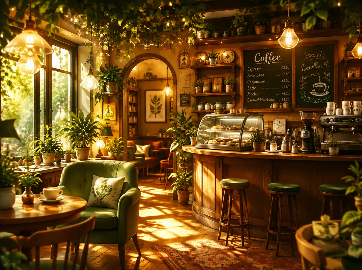 AI-generated cafe interior before conversion — oversaturated golden illustration look