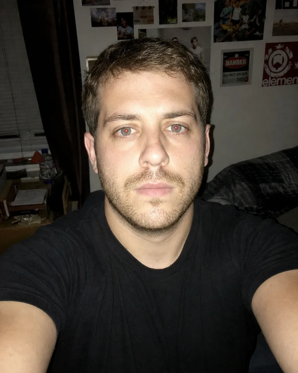 Harsh phone-flash selfie taken indoors at night before AI dating photo generation