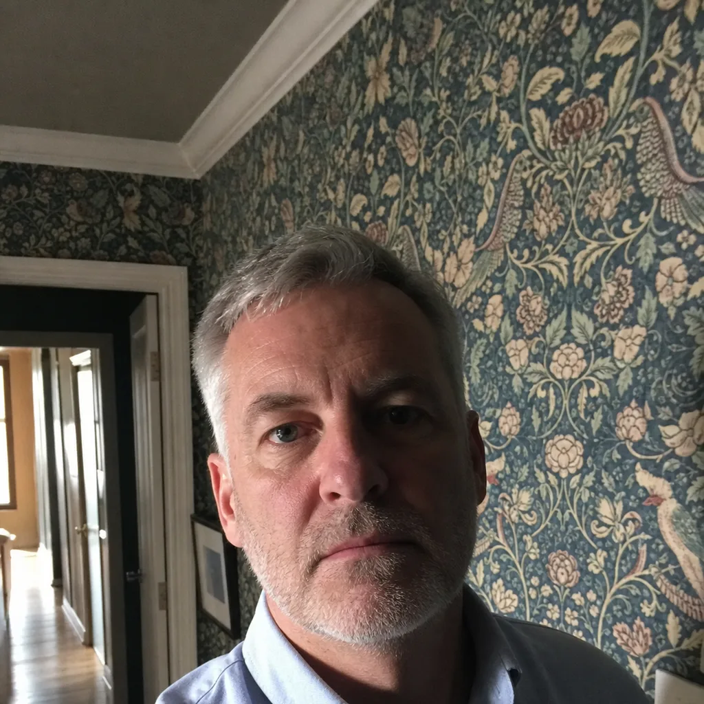 Phone photo of a man in a light blue shirt against patterned wallpaper with a hard shadow across his face