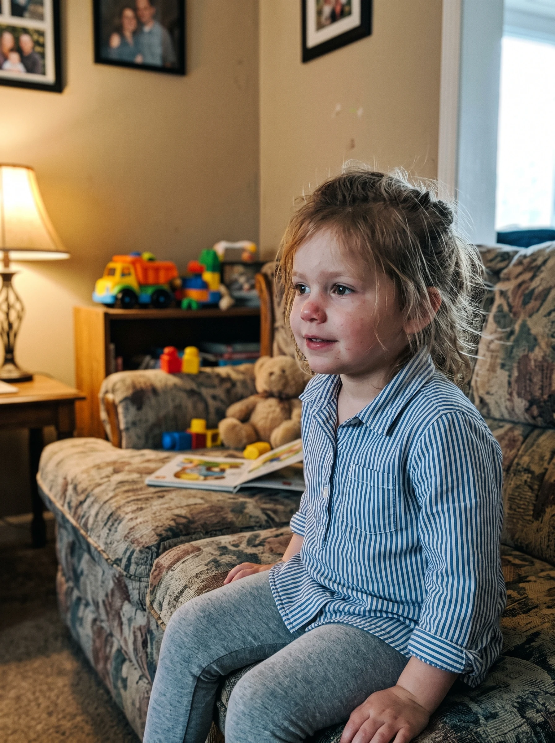 Young child sitting on a patterned sofa at home with toys behind her, looking away from the camera