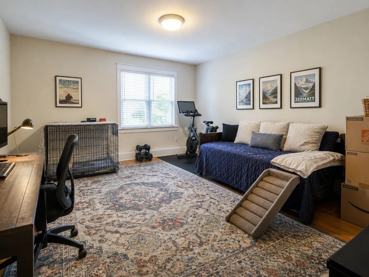 Bedroom with a dog crate, pet ramp, exercise bike and boxes, plus a patterned rug and framed art