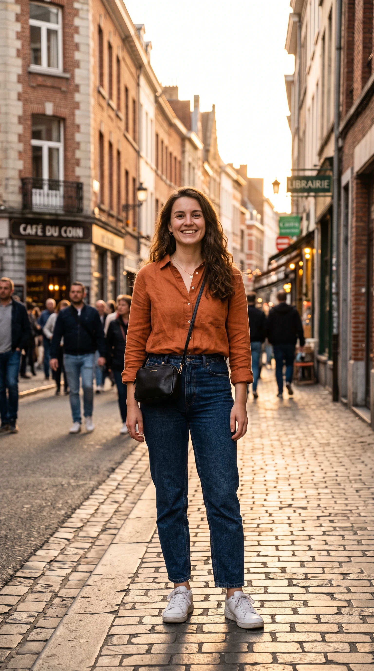 Vertical 9:16 phone photo of a woman on a European street at golden hour, buildings cut off at both edges