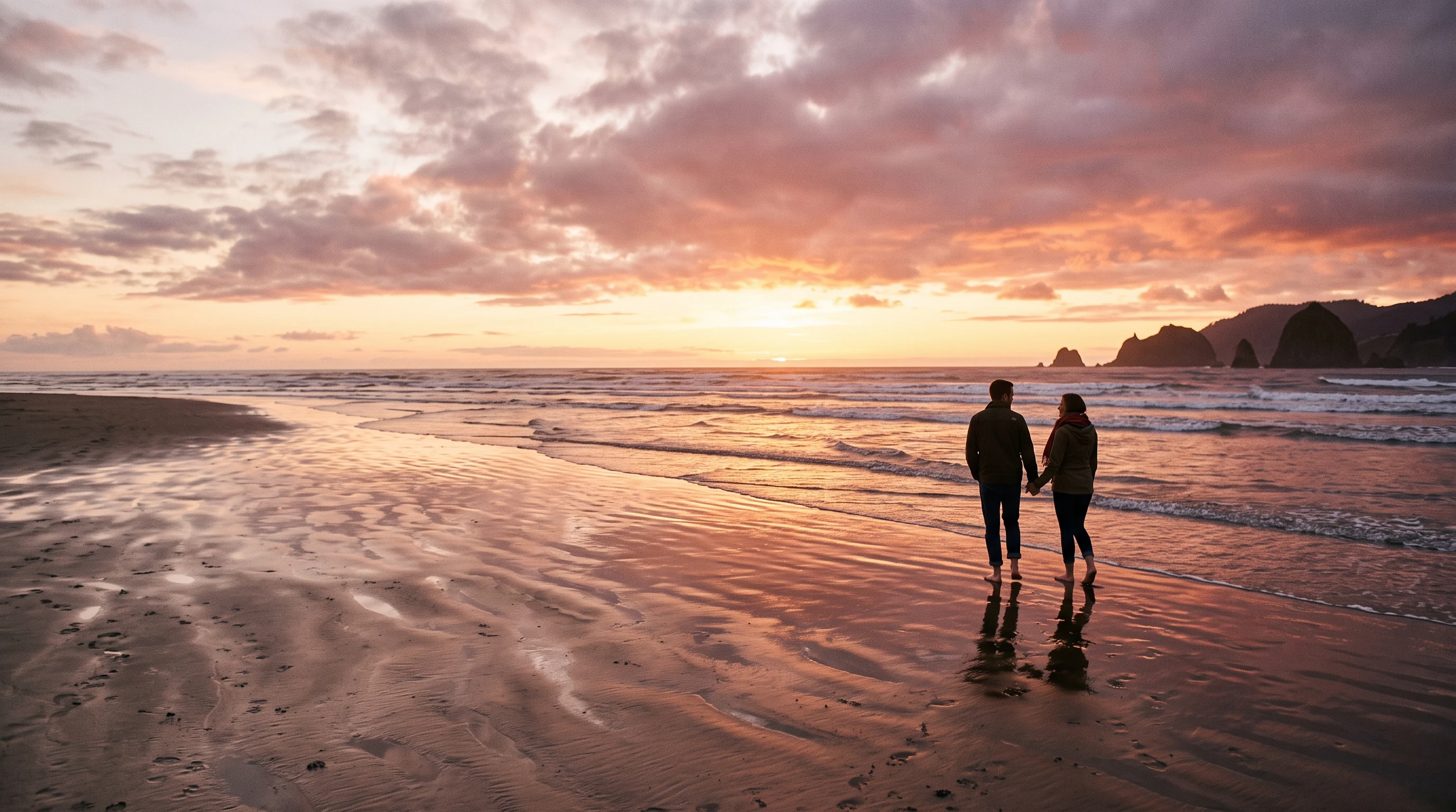 Wide 16:9 beach photograph at sunset with a couple small in the frame and a large expanse of sand