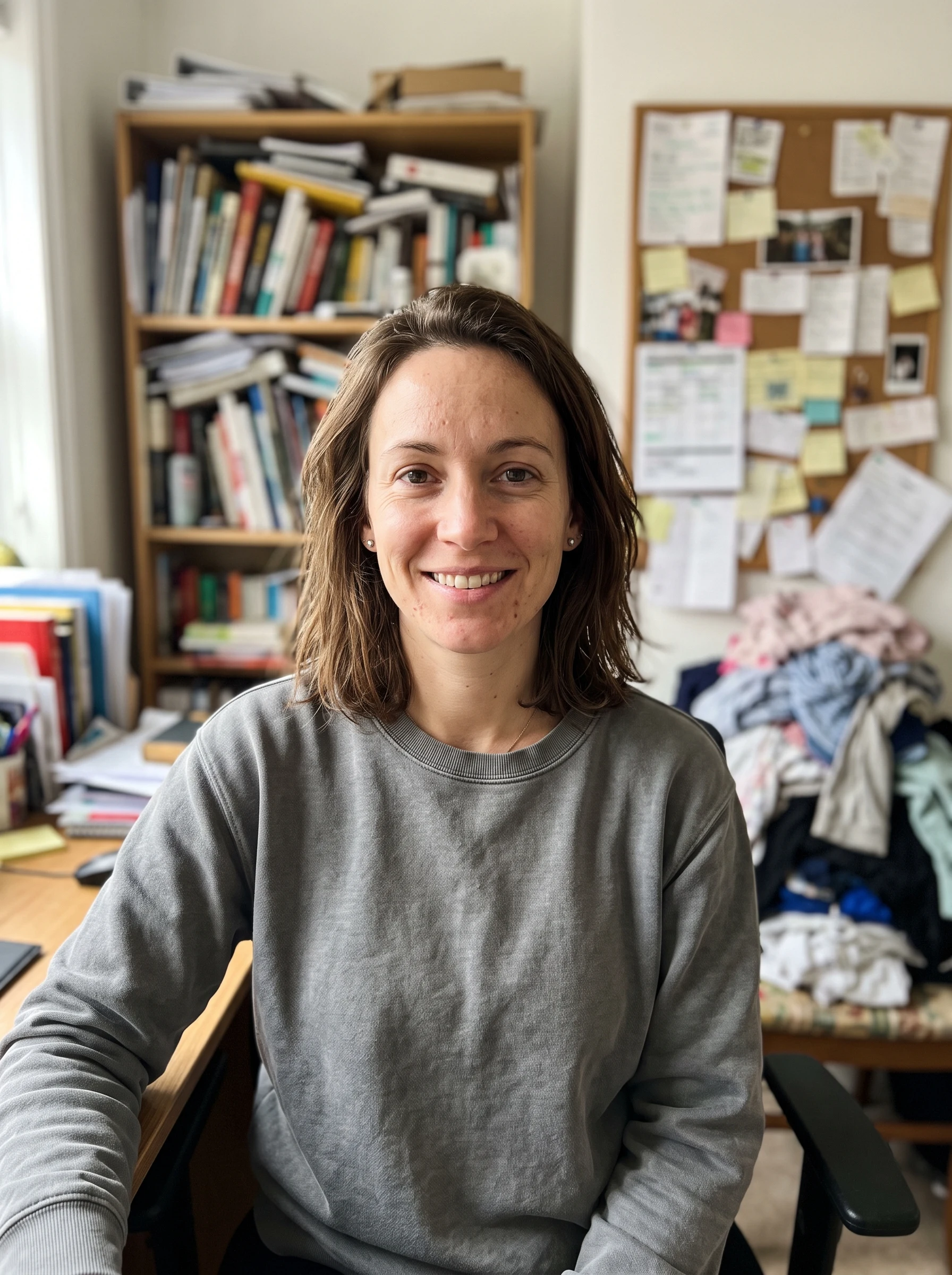 Woman photographed at her desk in a messy home office, bookshelf and laundry pile behind her