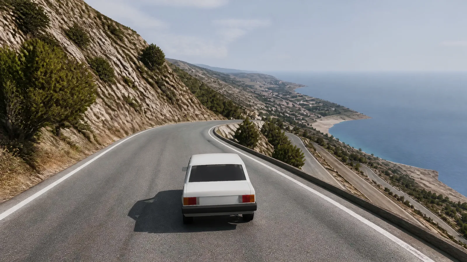 Same coastal road converted to a photorealistic photo — real rock face, vegetation and a natural sea horizon
