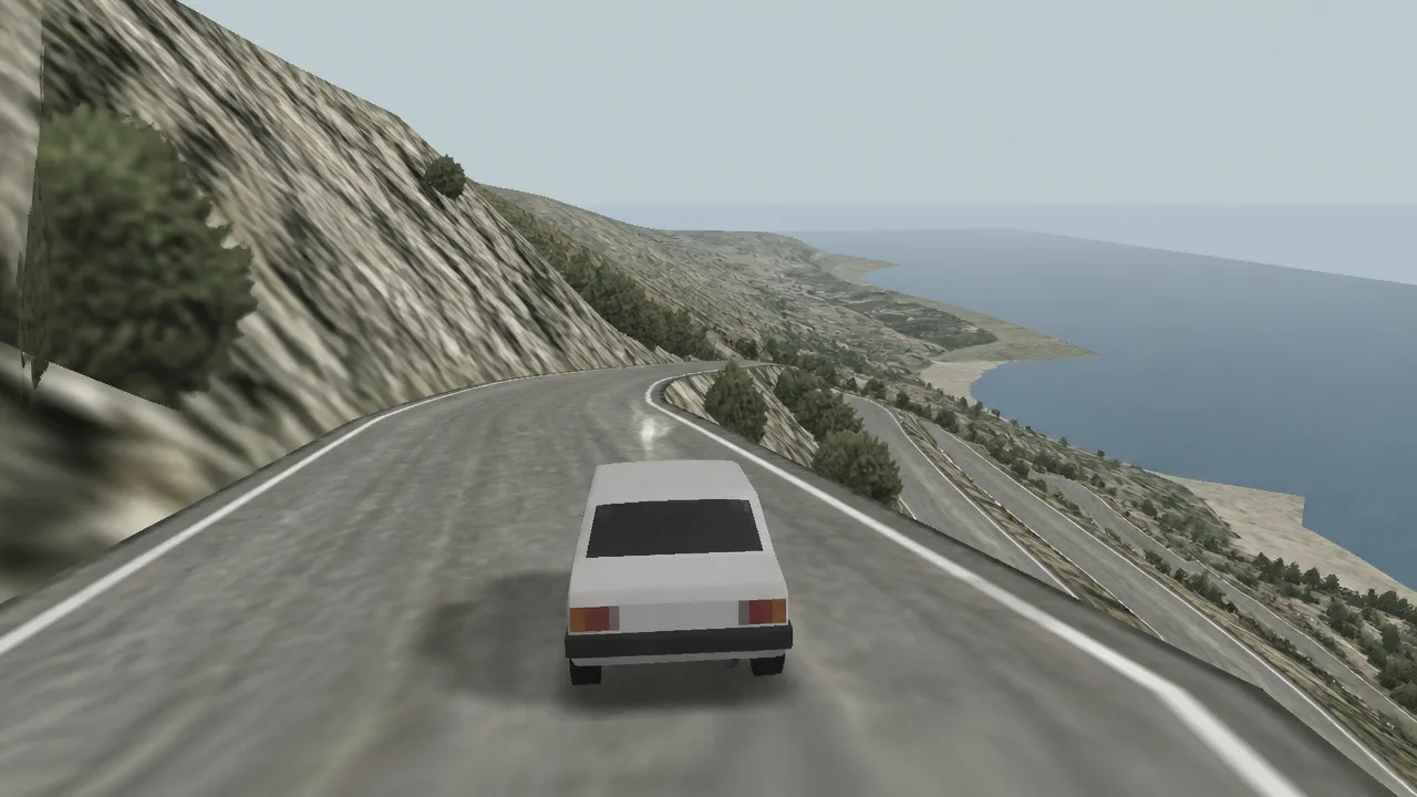 Driving game frame of a coastal mountain road with blurry satellite terrain and jagged polygon coastline