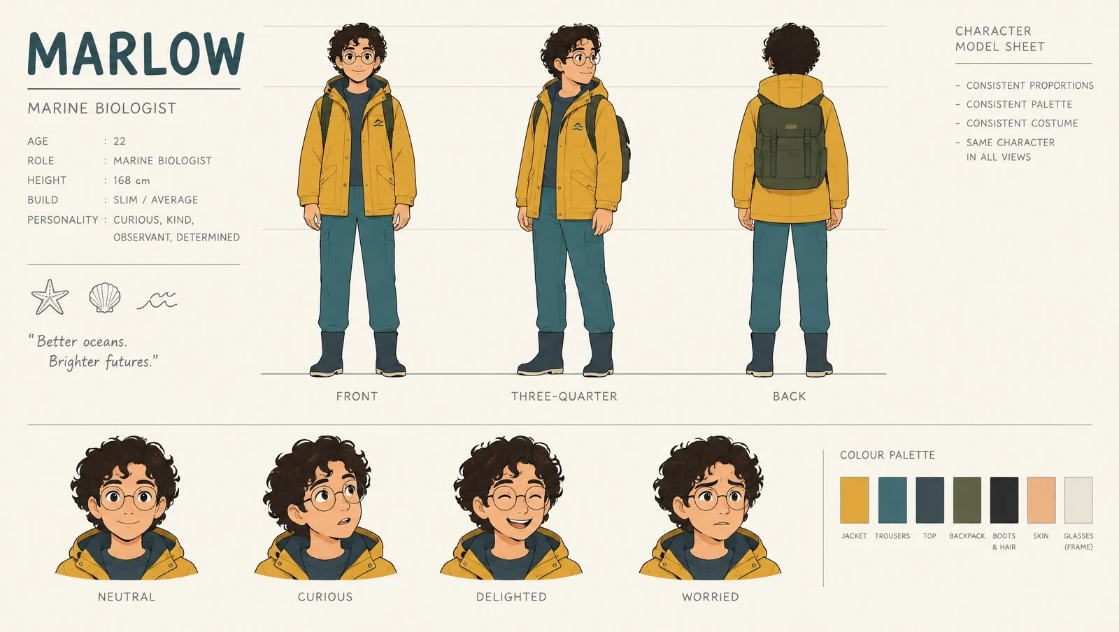 GPT Image 2.5 character model sheet with a consistent turnaround, four expressions and a colour palette