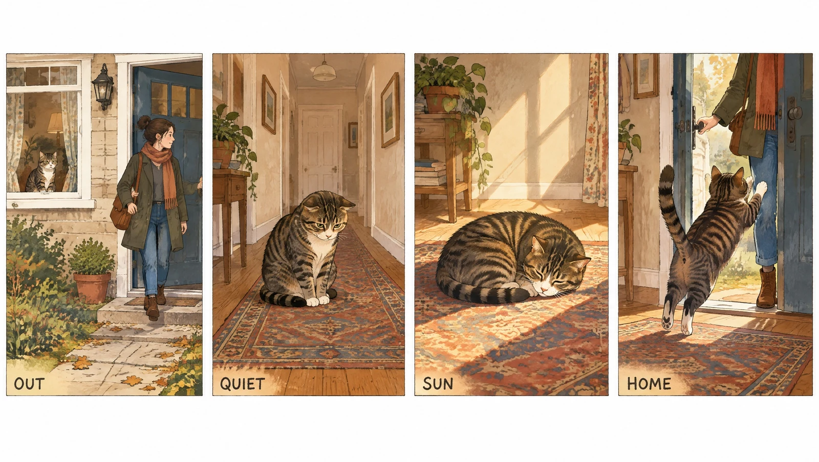 GPT Image 2.5 four-panel comic strip of one consistent tabby cat with the captions OUT, QUIET, SUN, HOME