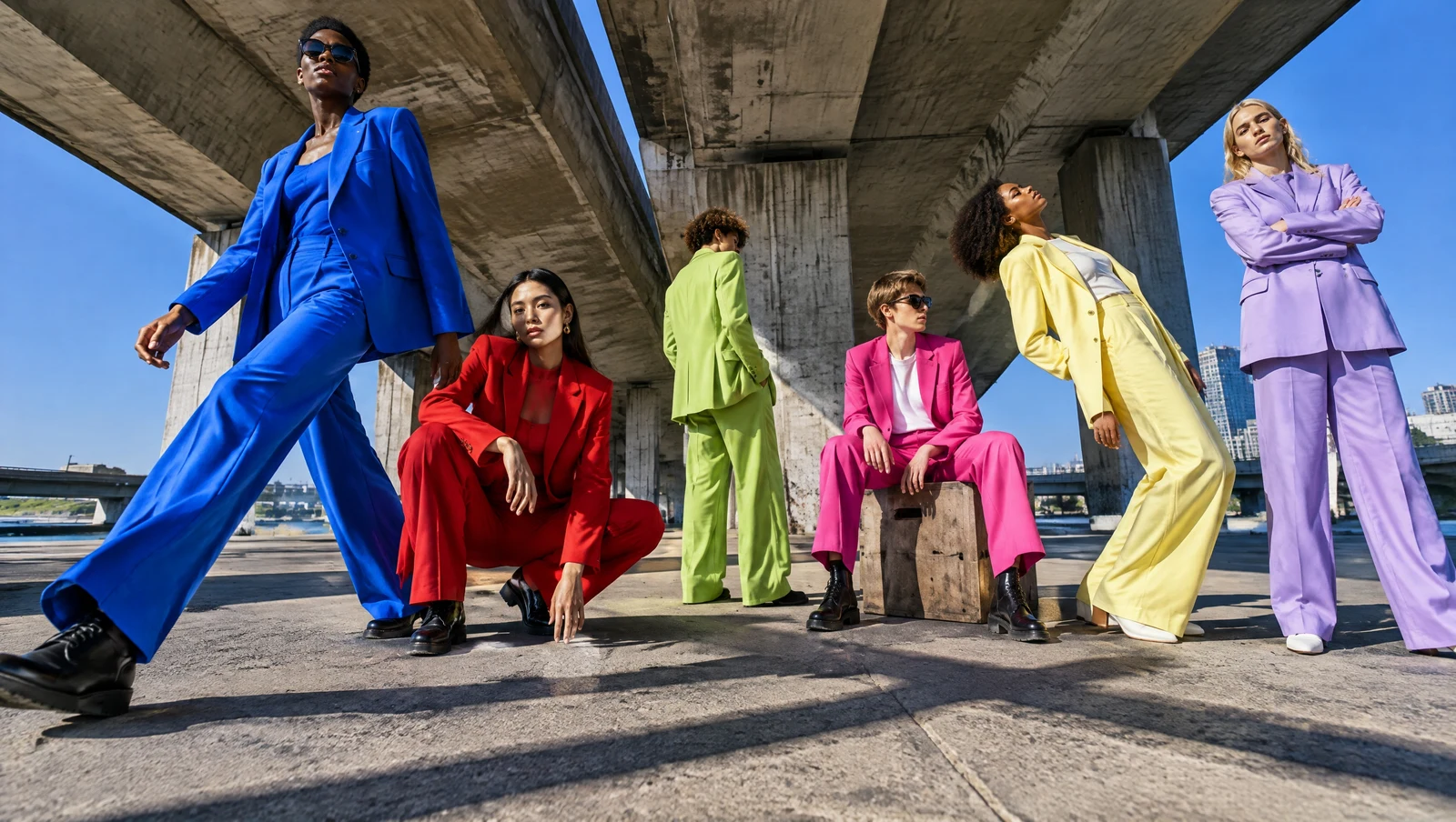 GPT Image 2.5 fashion campaign with six differently posed models in six named colours under hard sun