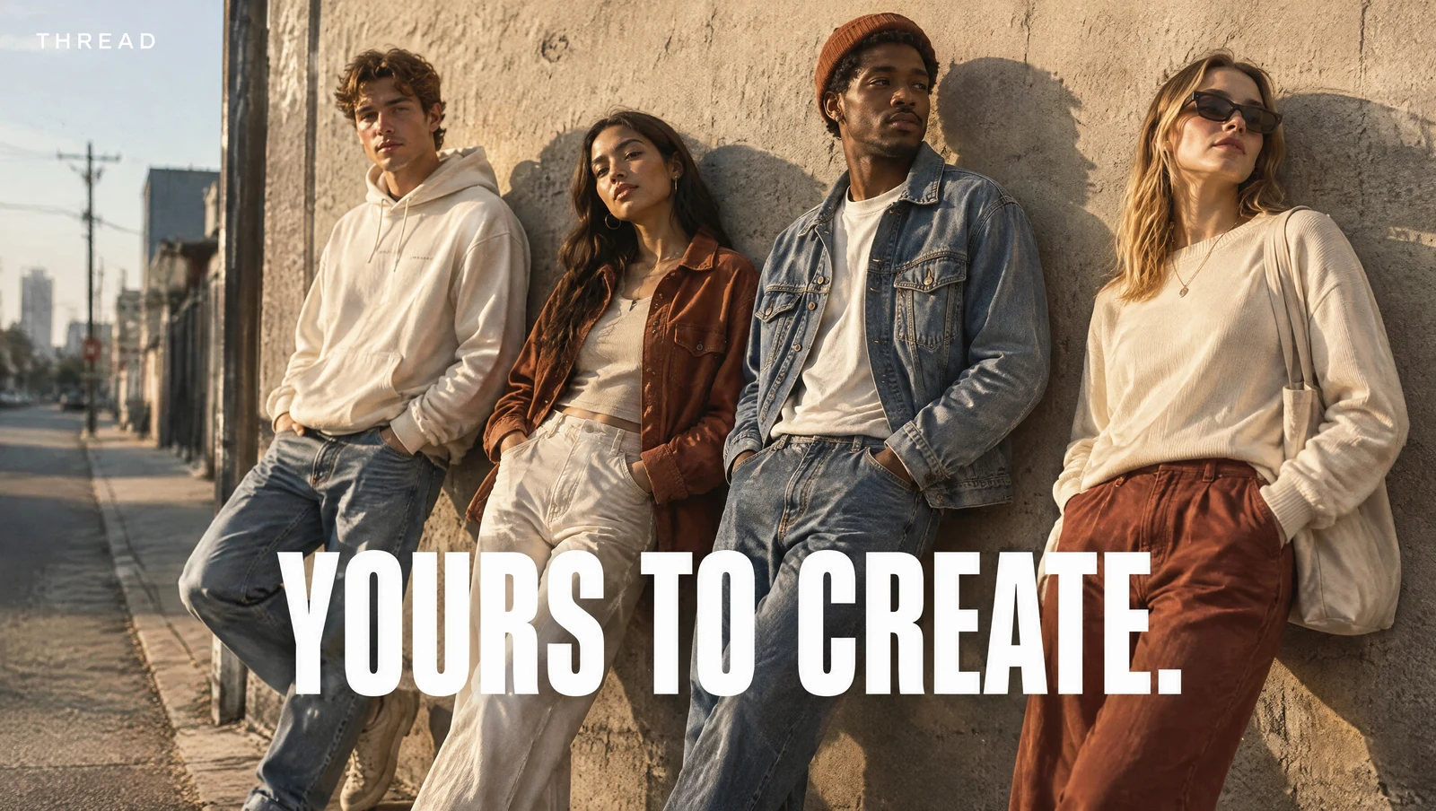 GPT Image 2.5 streetwear campaign with the tagline YOURS TO CREATE. rendered correctly inside the photo