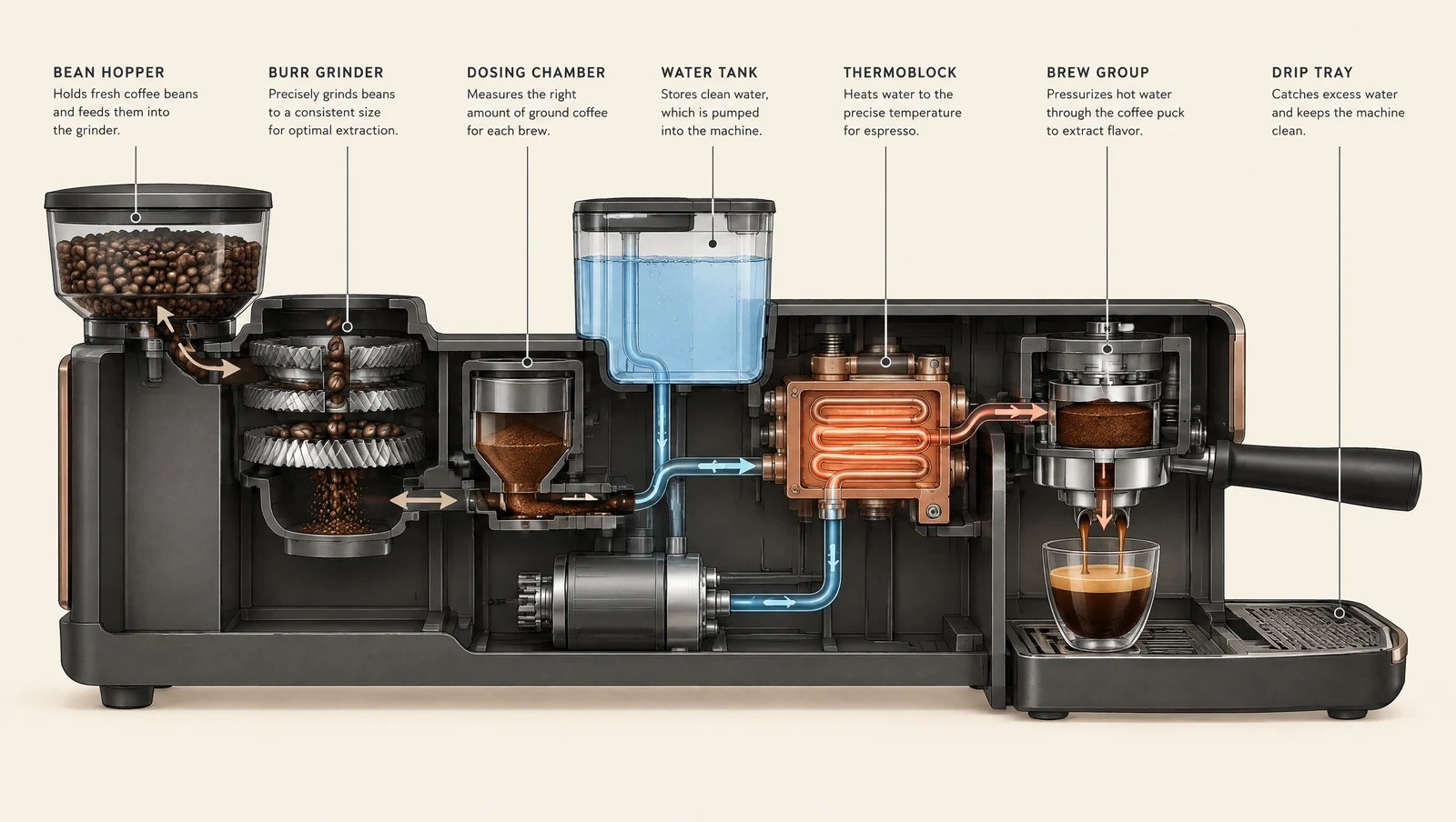GPT Image 2.5 cutaway infographic of an espresso machine with seven correctly labelled components