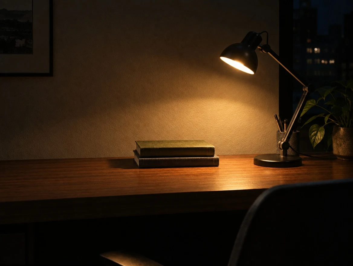 The same desk after GPT Image 2.5 moved the lamp right and recomputed the light pool and shadow direction
