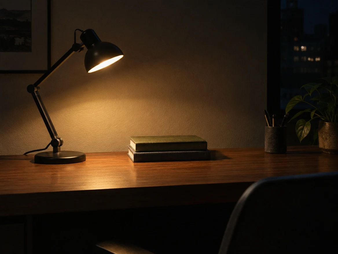 Desk lamp on the left of a dark desk, book shadow falling to the right, before the GPT Image 2.5 edit