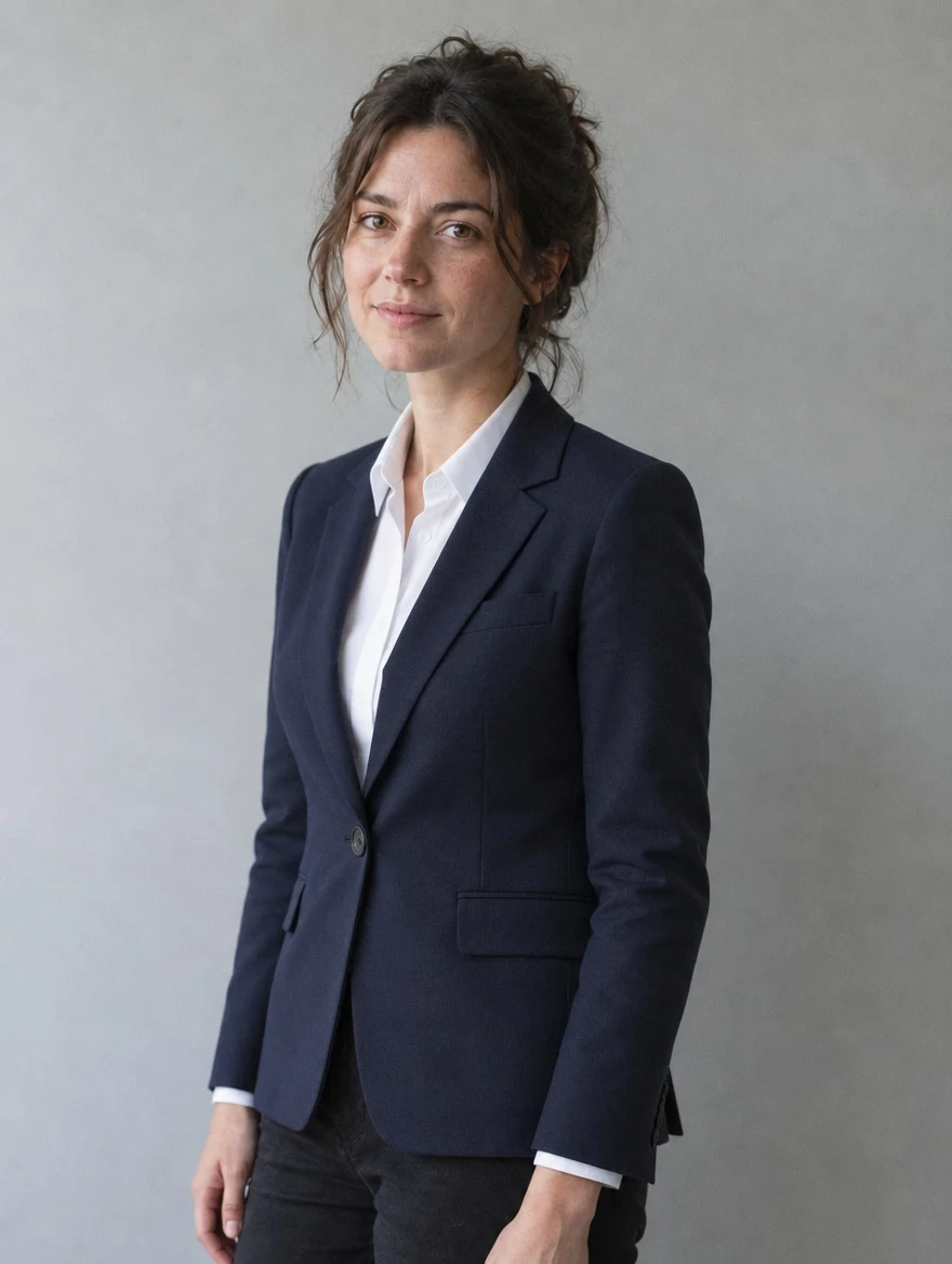 The same woman in a navy blazer after GPT Image 2.5, face and pose identical