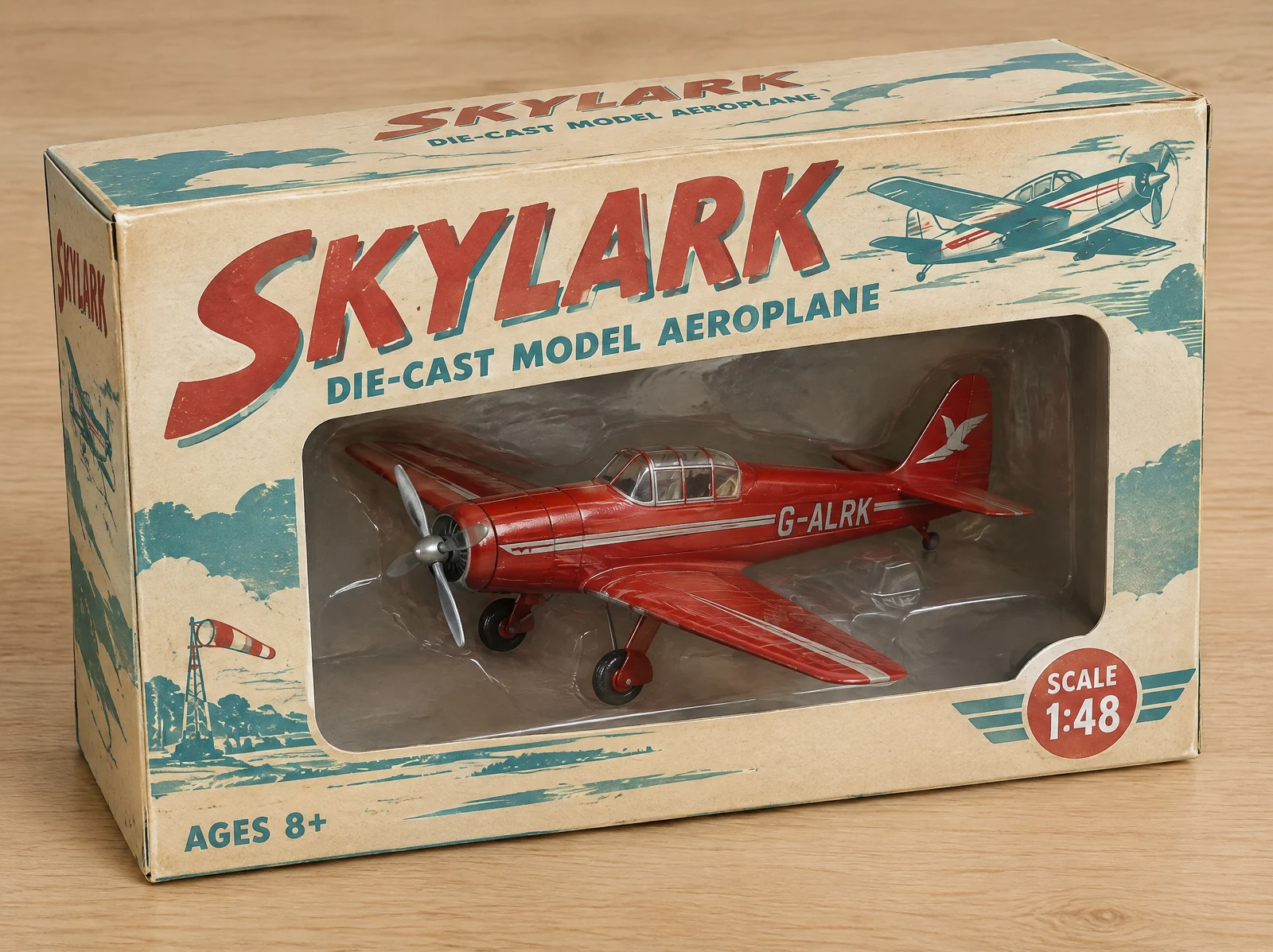 GPT Image 2.5 vintage toy aeroplane box with SKYLARK, SCALE 1:48 and AGES 8+ all printed correctly