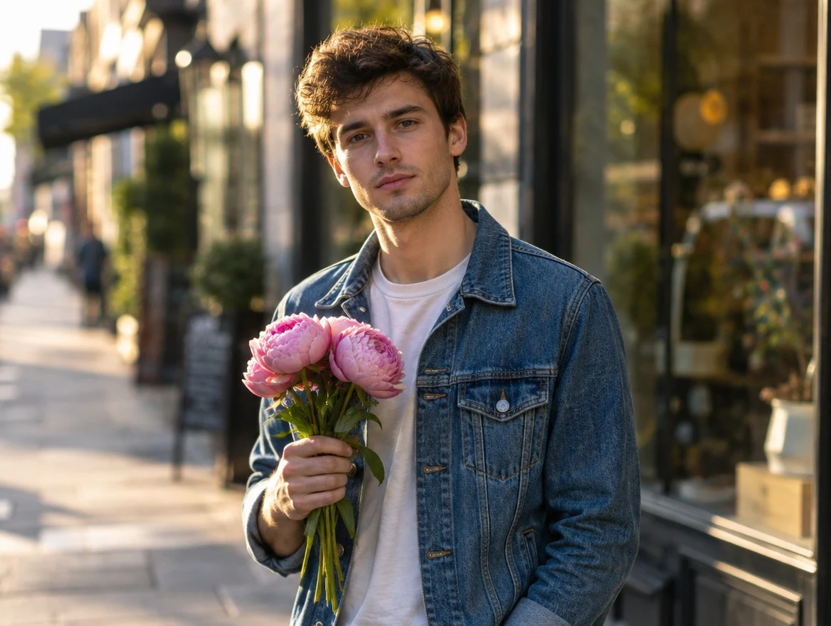 Man on a sunlit street holding a bunch of pink peonies, before the GPT Image 2.5 edit