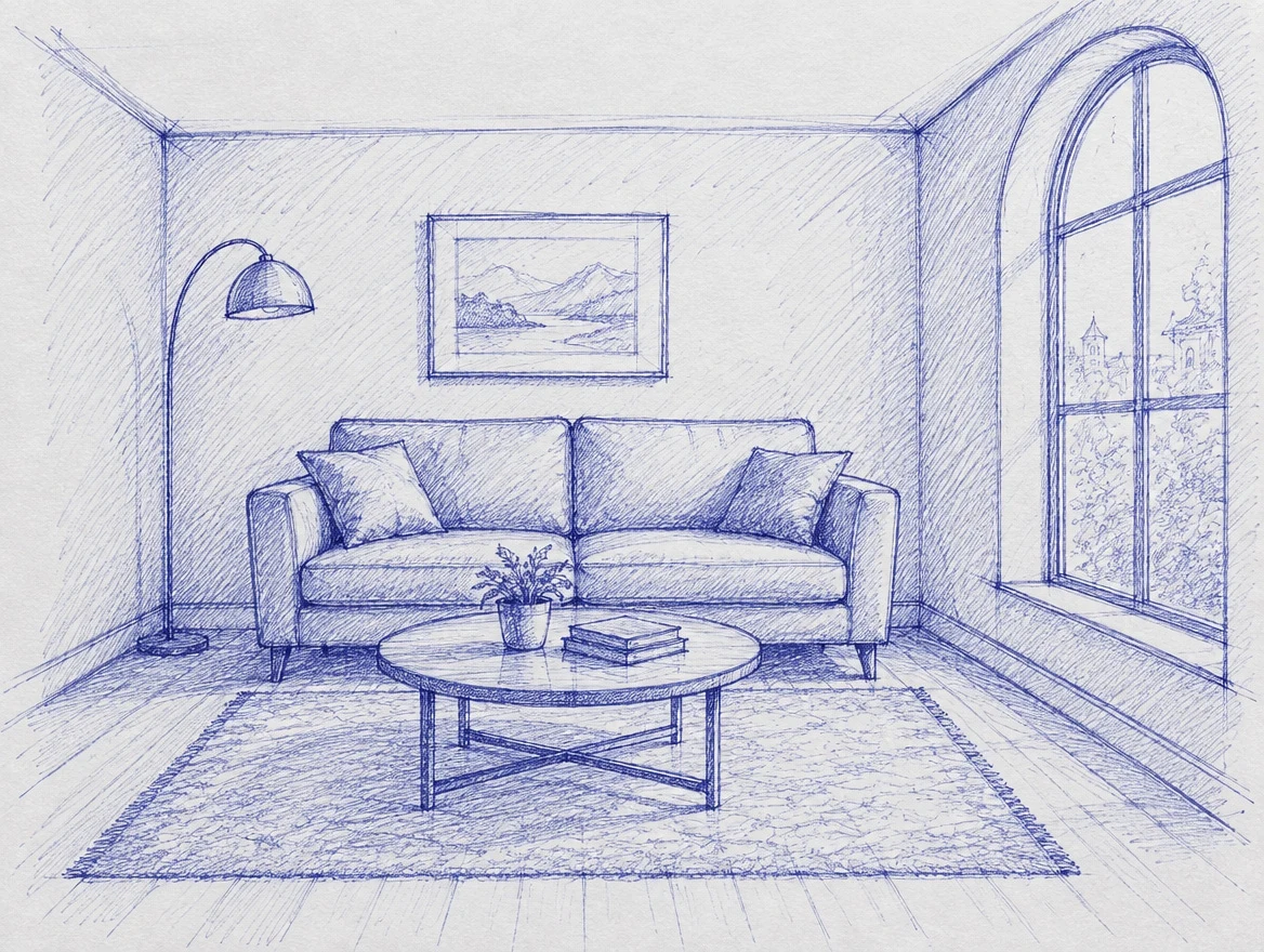 Rough ballpoint sketch of a living room in perspective, the input to GPT Image 2.5