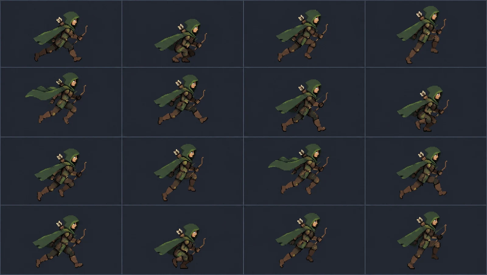 GPT Image 2.5 pixel-art sprite sheet, sixteen frames of one consistent ranger running