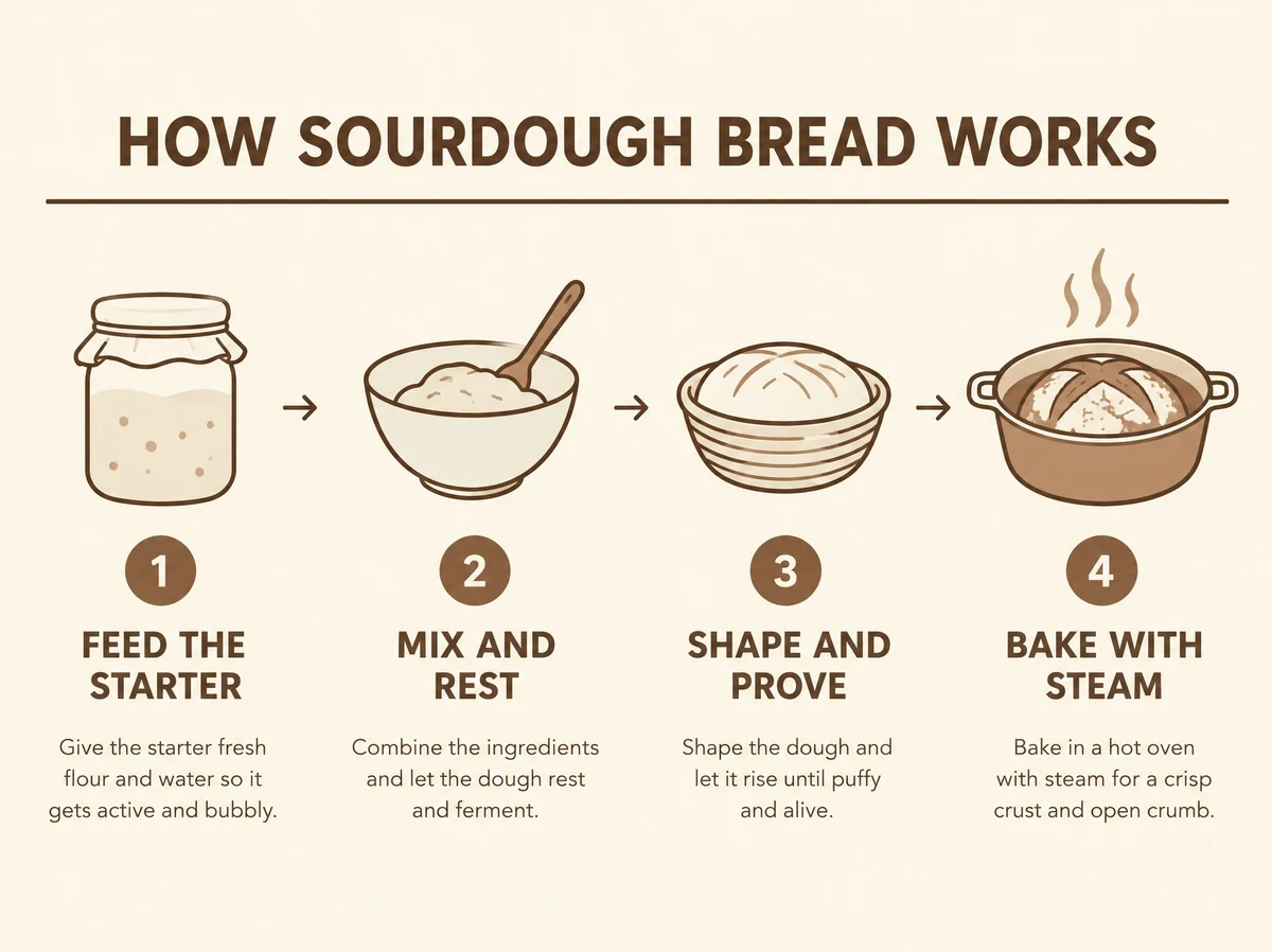 English four-step sourdough infographic, before the GPT Image 2.5 translation