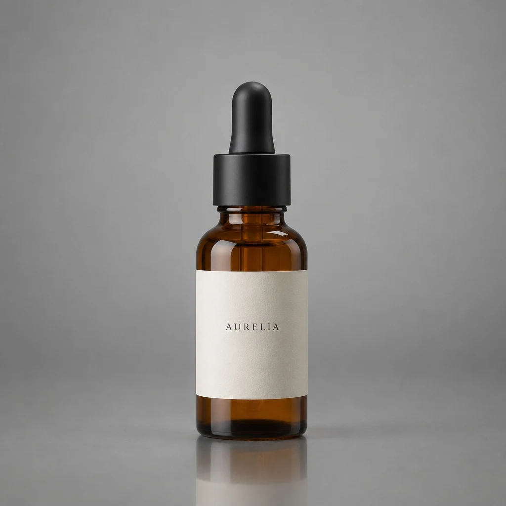 Amber dropper bottle photographed on a grey studio backdrop, before the GPT Image 2.5 cutout