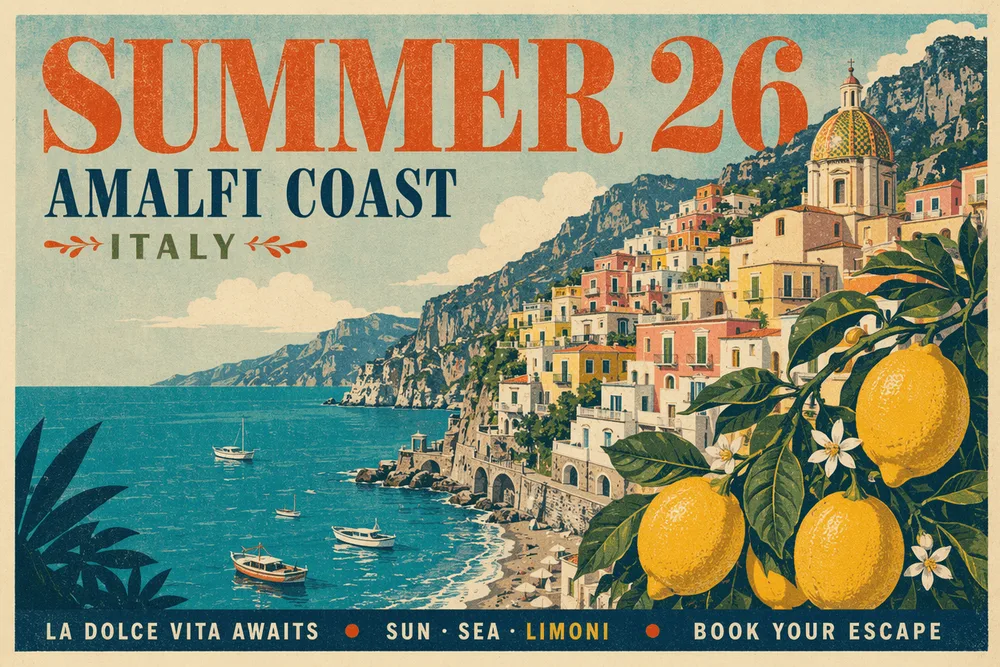 GPT Image 2 poster example with legible in-image text — vintage Amalfi Coast travel poster