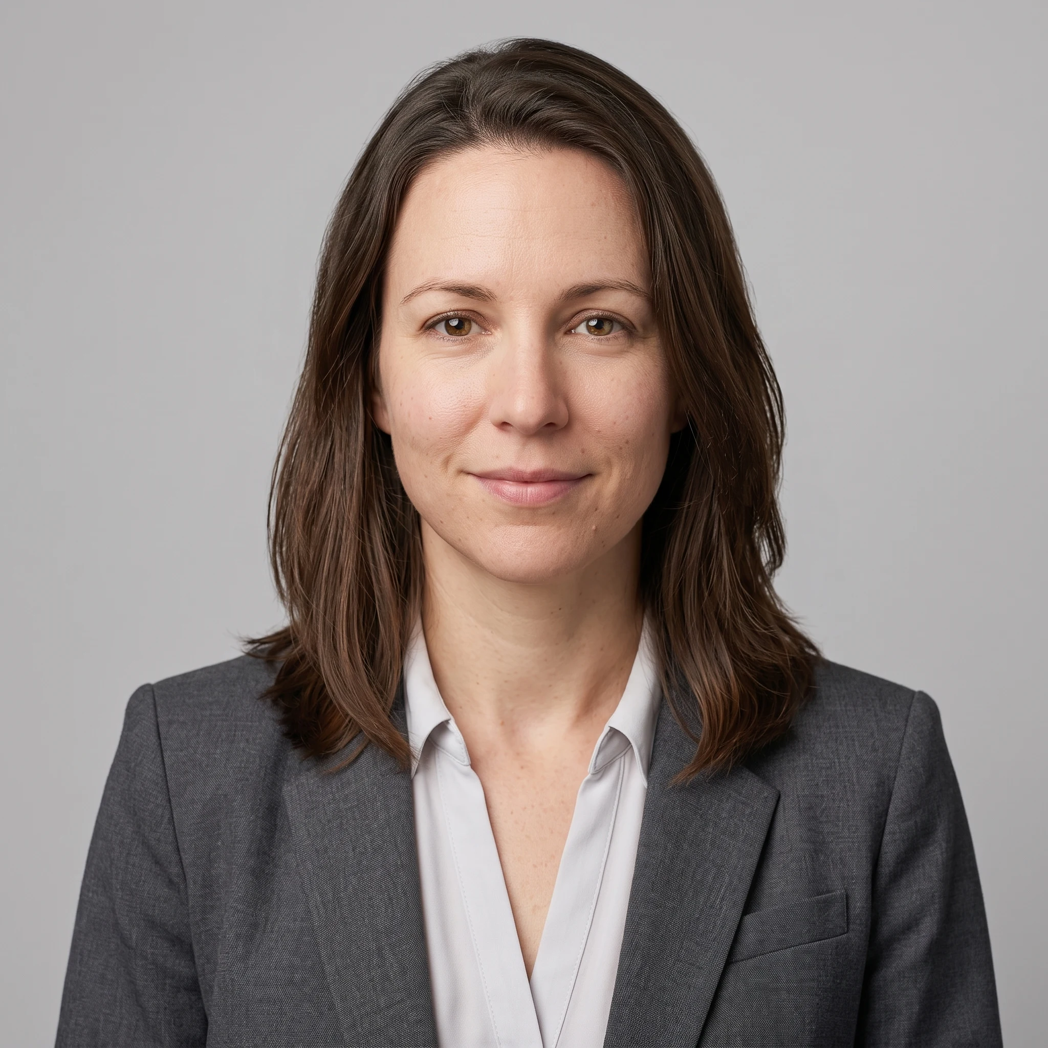 AI headshot in a charcoal blazer with an open collar on a light grey studio background