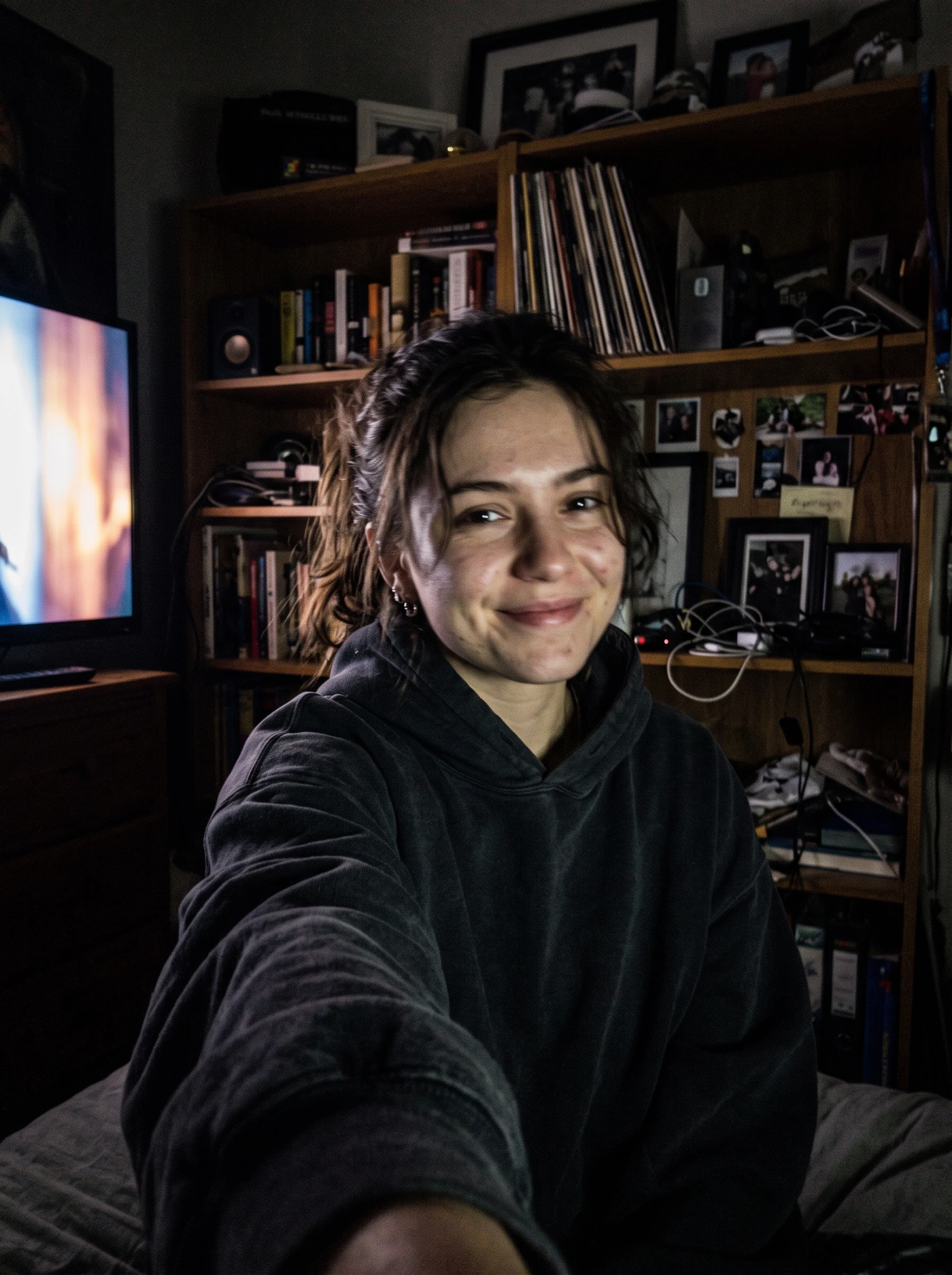 Grainy low-light selfie of a woman in a hoodie in a dim cluttered room