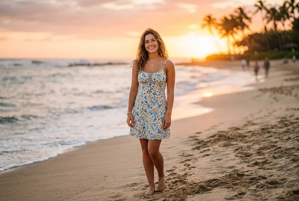 NanoBanana 2 background replacement example — subject placed on a golden-hour beach