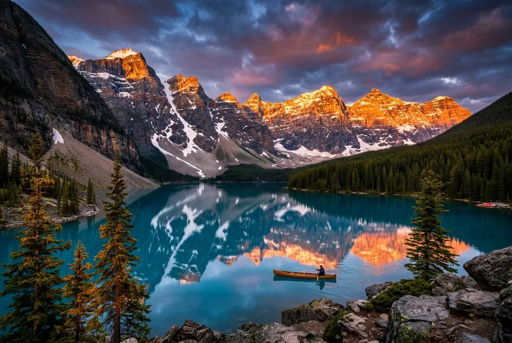 NanoBanana 2 detailed scene example — a vivid, cinematic mountain lake at sunset