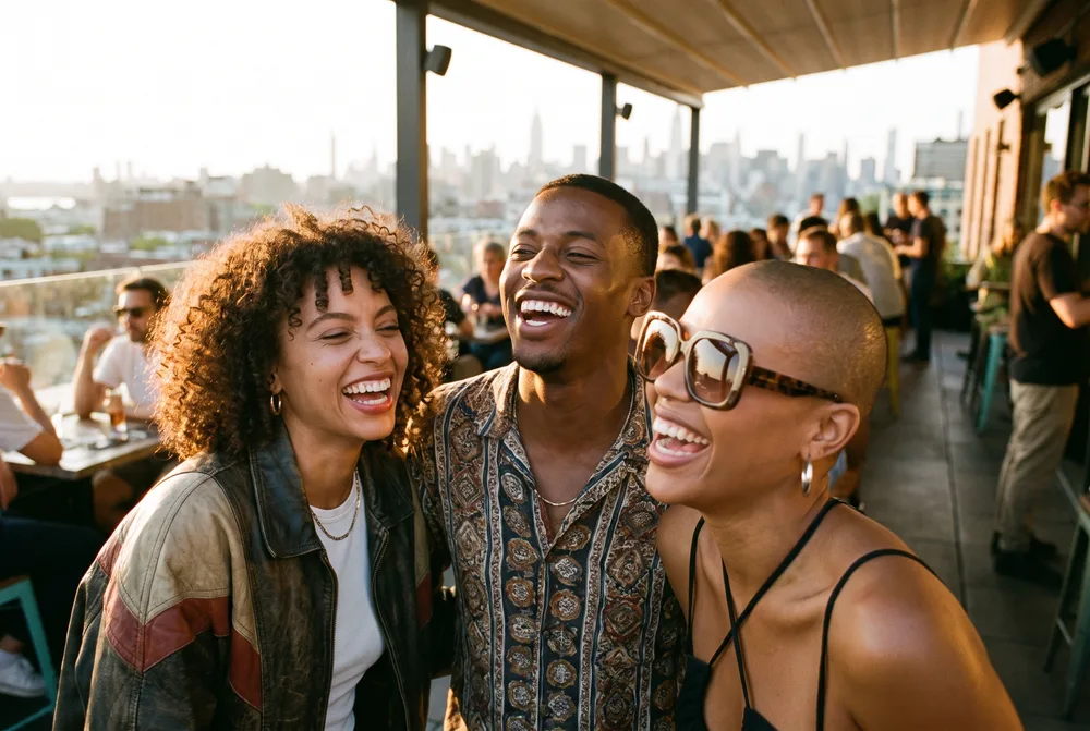 NanoBanana Pro complex scene example — three friends at a rooftop cafe, all faces sharp