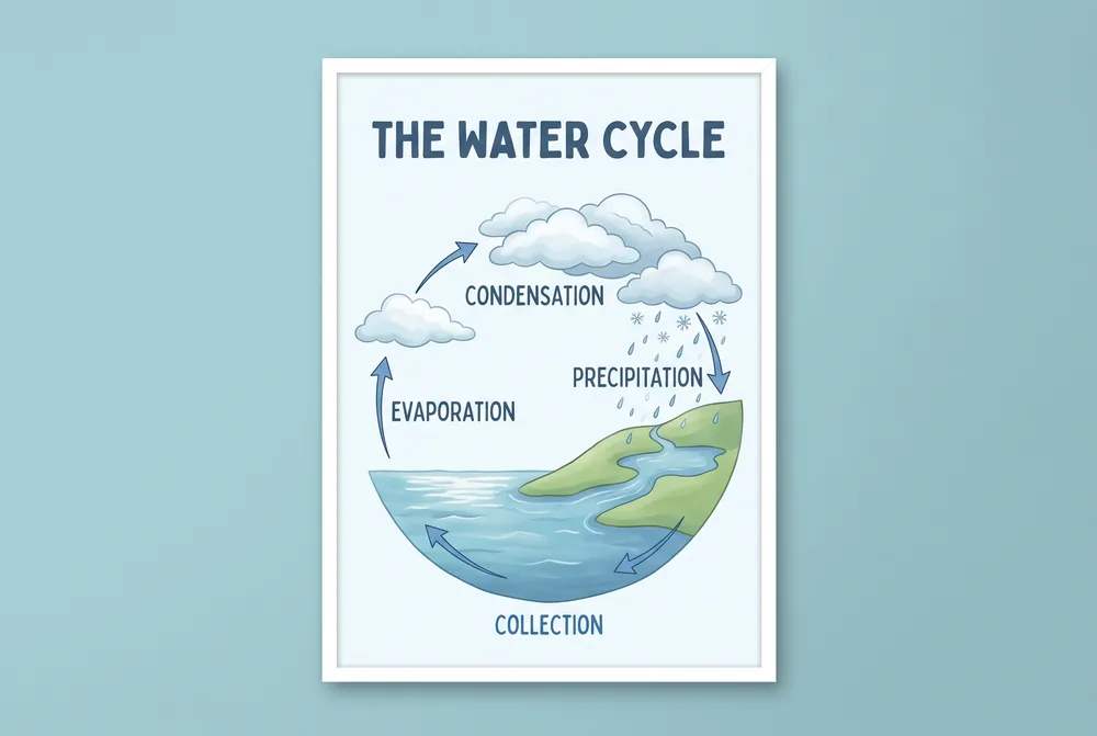 NanoBanana Pro infographic example — a clean, labeled water-cycle poster