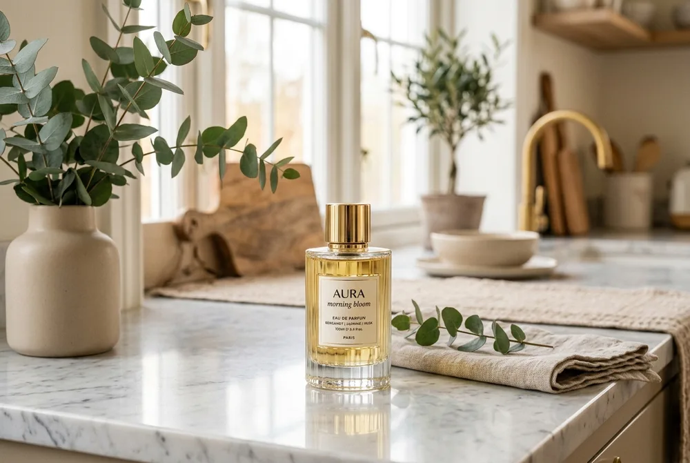 NanoBanana 2 product example — a perfume bottle styled on a marble counter